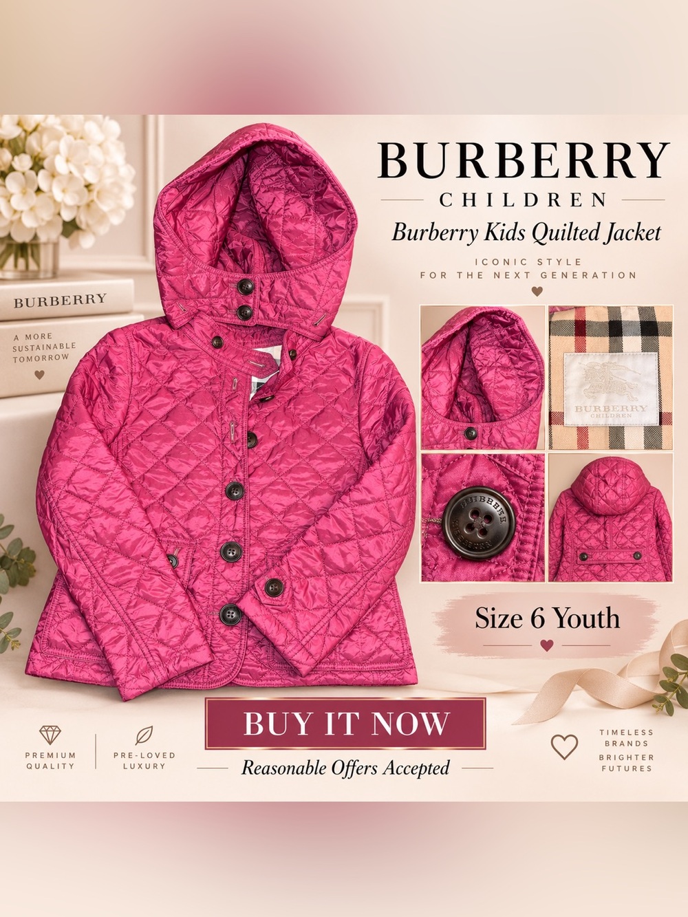 Burberry Children 6Y Pink Quilted Hooded Jacket Nova Check Lined Designer Coat
